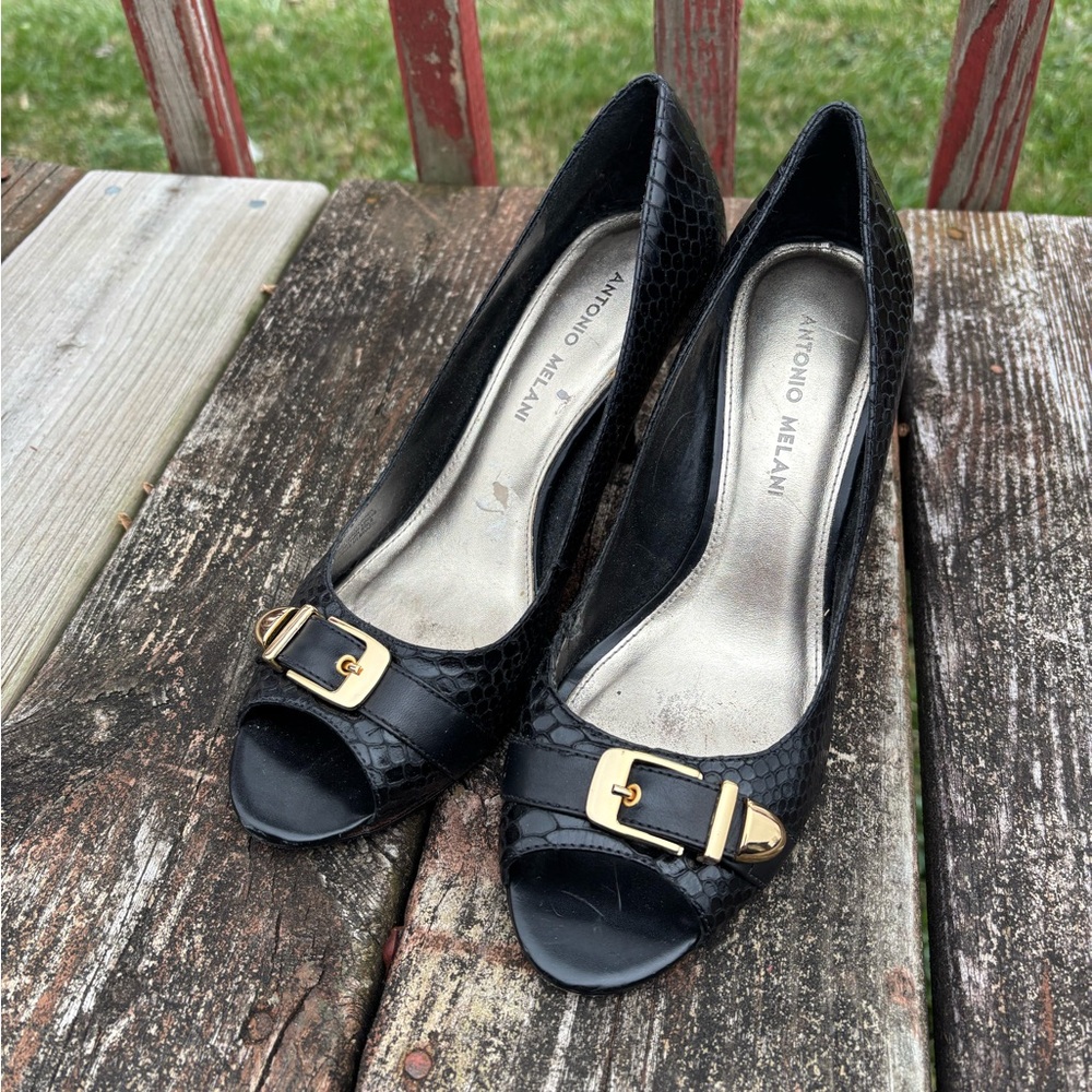 Antonio Melani Black Snakeskin Heels with Gold Buckle